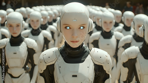Echoes of Tomorrow: A sea of identical androids, with striking features and glowing eyes, stare forward. The scene hints at the blurring lines between human and machine.
