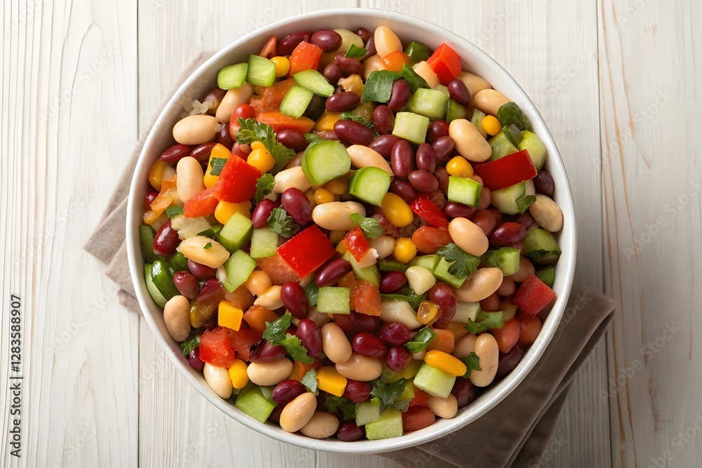 Colorful bean salad with vegetables in white bowl on wooden surface Colorful bean salad with vegetables in white bowl on wooden surface