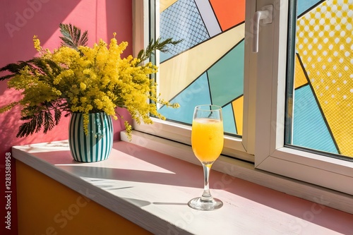 Colorful stained glass window with yellow flower vase and orange juice on sunlit ledge