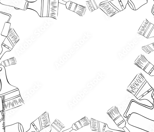 Painter tools brushes and rollers rectangle frame. White graphic ink outline on a transparent background. Template. Mock up
