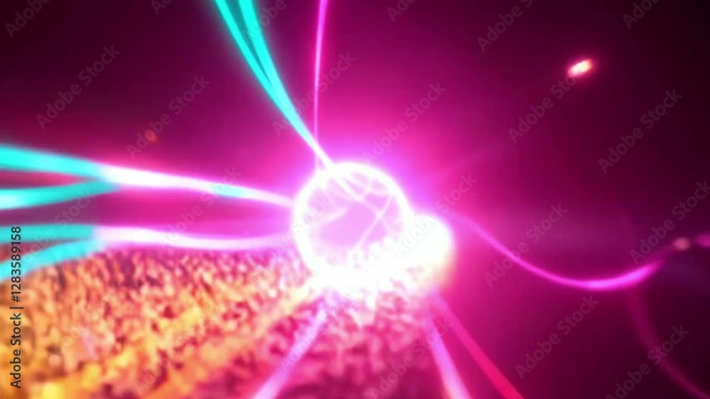 A bright, colorful, and abstract background with a central light source and various lines and shapes in different colors.
