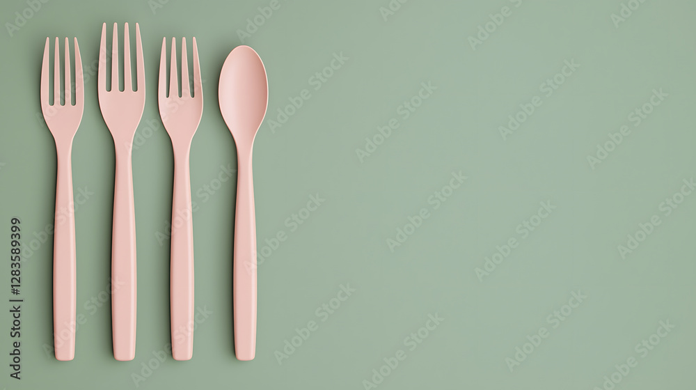 Setting the table forks and spoon arrangement on green background food photography minimalist style Setting the table forks and spoon arrangement on green background food photography minimalist style