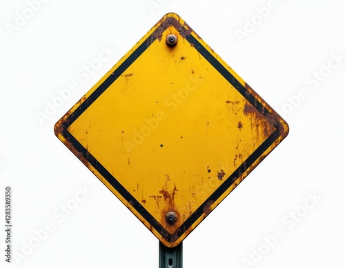 Rustic diamond-shaped yellow caution sign with black border on white. Grunge metal texture, rusted bolts, blank surface for custom message. Represents danger warning in road work, construction areas.