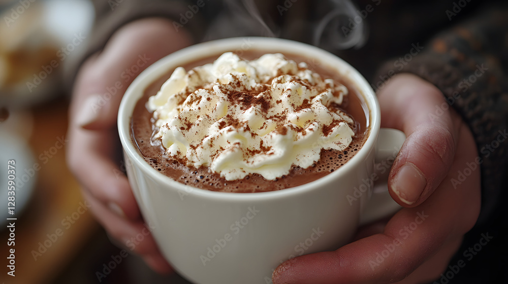 Warm Embrace of Chocolate: A comforting scene of a steaming cup of hot chocolate, topped with a swirl of whipped cream, held gently in hands, creating a sensory experience. Capturing warmth and cozy. Warm Embrace of Chocolate: A comforting scene of a steaming cup of hot chocolate, topped with a swirl of whipped cream, held gently in hands, creating a sensory experience. Capturing warmth and cozy.