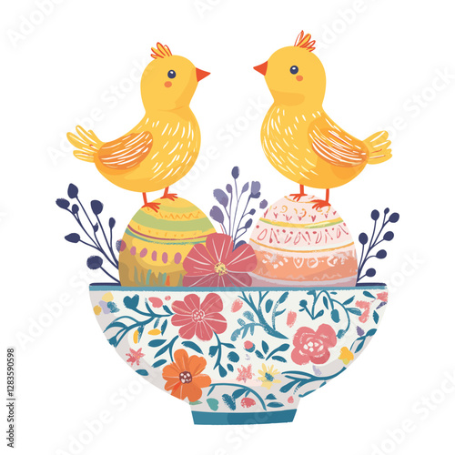 Chick and easter eggs illustration colorful patterns vector