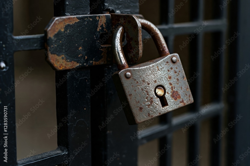 Rusty padlock secures a gate, symbolizing security and protection. Close-up of a rusty padlock on a black metal gate. Rusty padlock secures a gate, symbolizing security and protection. Close-up of a rusty padlock on a black metal gate.
