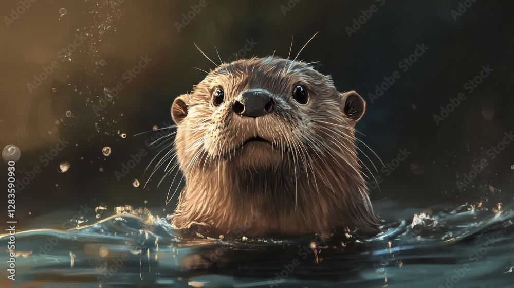 Curious otter emerging from water with splashes in evening light Curious otter emerging from water with splashes in evening light