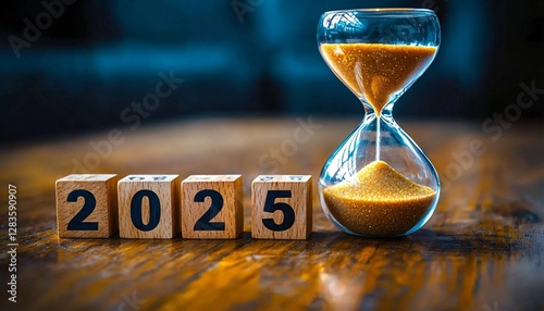 New Year 2025 transition visual. Hourglass with golden sand and year blocks on wood table in soft light. Ideal for resolutions, time management, and new beginnings.