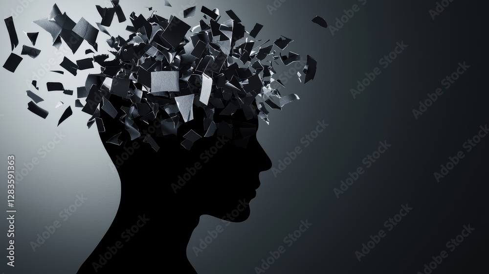 Symbolic image of burnout and mental exhaustion, dark silhouette with chaotic paper fragments representing stress, worry, and negative emotions Symbolic image of burnout and mental exhaustion, dark silhouette with chaotic paper fragments representing stress, worry, and negative emotions