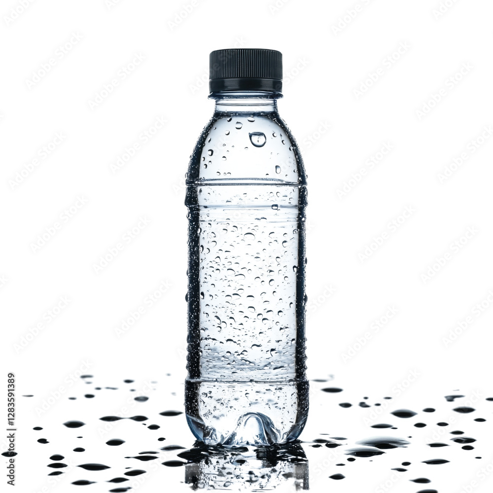 Clear water bottle with droplets on surface isolated on transparent background, PNG Clear water bottle with droplets on surface isolated on transparent background, PNG