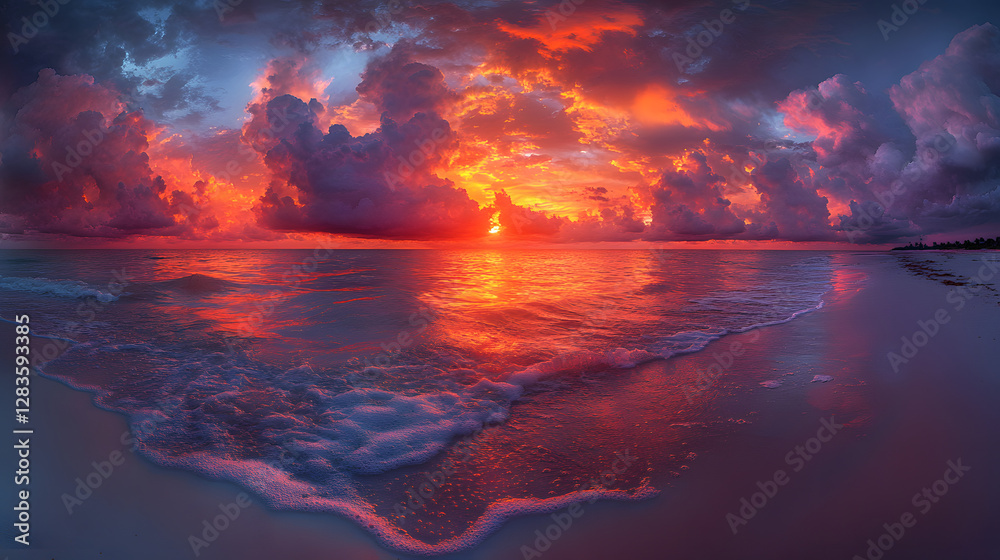 Fototapeta premium Fiery Sunset on the Shore: The sun dips below the horizon, painting the sky with vibrant shades of orange and red, mirroring on the tranquil water's surface, creating a moment of pure, natural beauty.