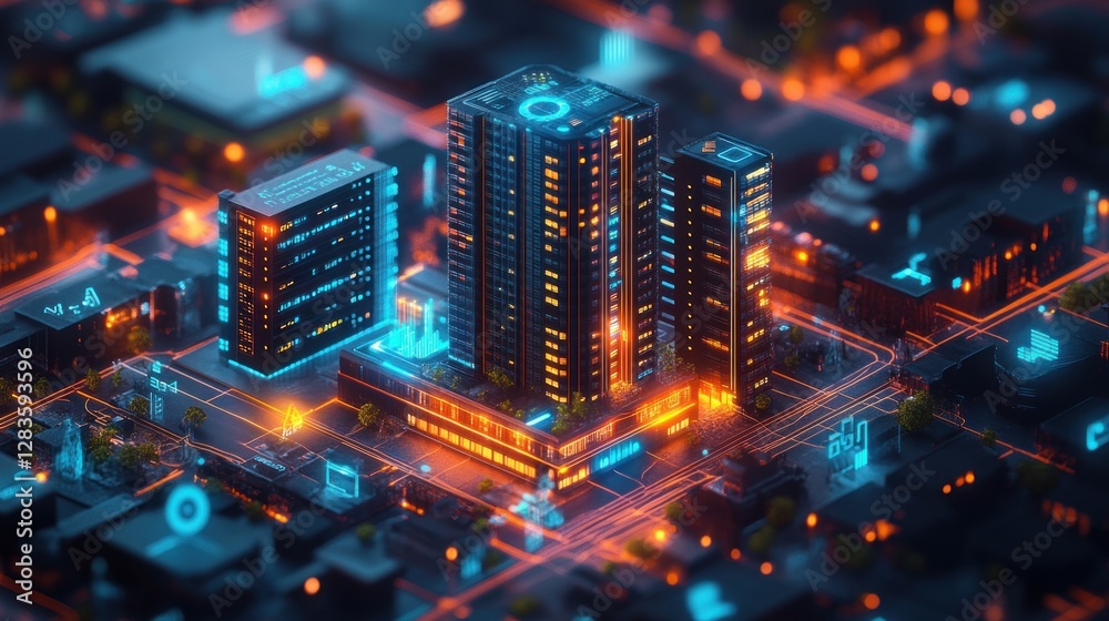 Obraz premium Illustration of a 3D condominium icon with digital marketing symbols and real estate price analytics surrounding it