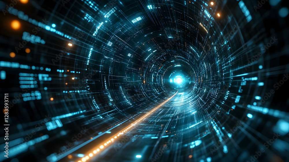 Obraz premium Digital Tunnel of Progress: A mesmerizing visualization of a futuristic digital tunnel, glowing with data streams and energetic light.