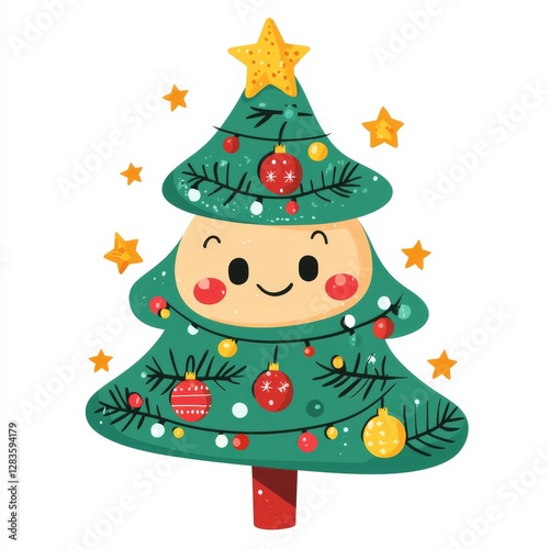 Animated Christmas Tree: Joyful illustrated image of a charming christmas tree, bedecked with ornaments and a shining star, exudes cheerfulness and warmth.