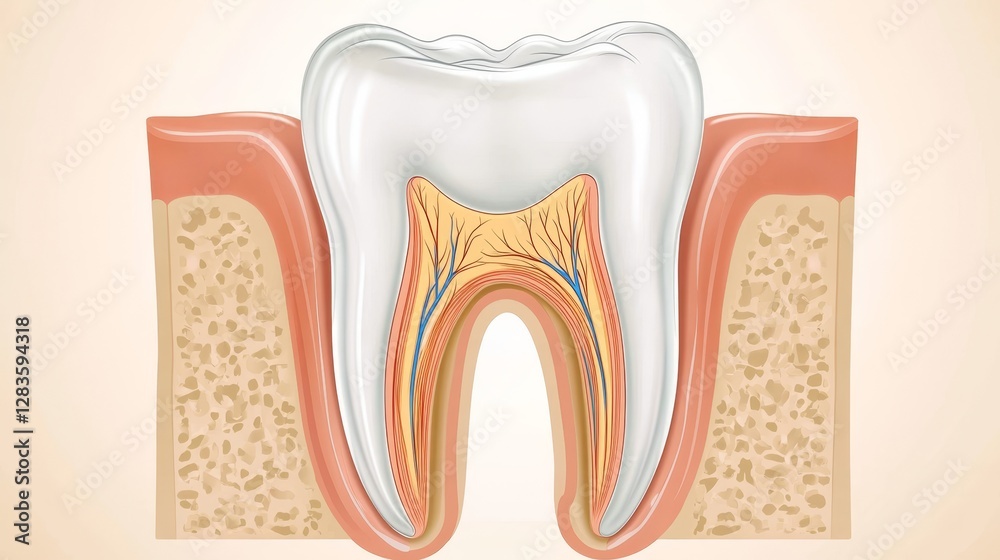 Cross section of healthy human teeth showing enamel, crown, root, and nerve for dental education Cross section of healthy human teeth showing enamel, crown, root, and nerve for dental education