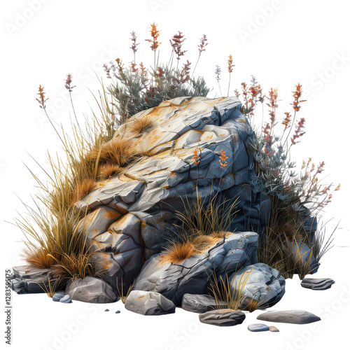 Rocky outcrop with plants on transparent background