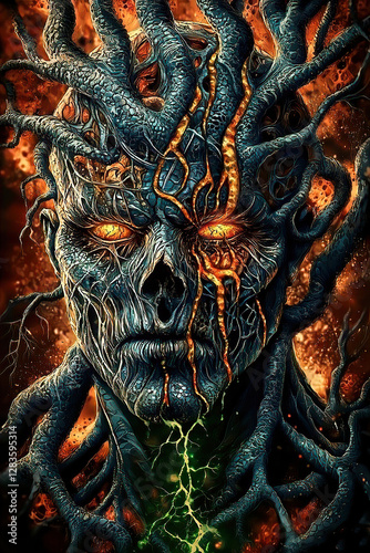 Monstrous demon emerges, a horror creature in dark fantasy. Warlord Surrounded by Demonic Beasts and Spectral Green Energy