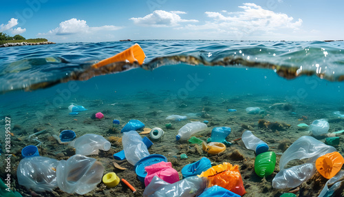 Addressing pollution marine plastic waste ocean waters underwater photography natural environment submerged view eco-conservation photo