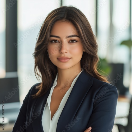 Portrait of a young Hispanic professional woman with warm brown eyes and sleek dark brown hair, wearing a tailored navy blazer and a white blouse. Confident businesswoman in modern office. Free Download Portrait of a young Hispanic professional woman with warm brown eyes and sleek dark brown hair, wearing a tailored navy blazer and a white blouse. Confident businesswoman in modern office. - GFXLoad