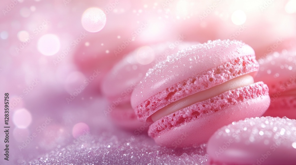 Macro Shot of Pink Macarons with Sprinkles on a Glittery Pink Background Macro Shot of Pink Macarons with Sprinkles on a Glittery Pink Background