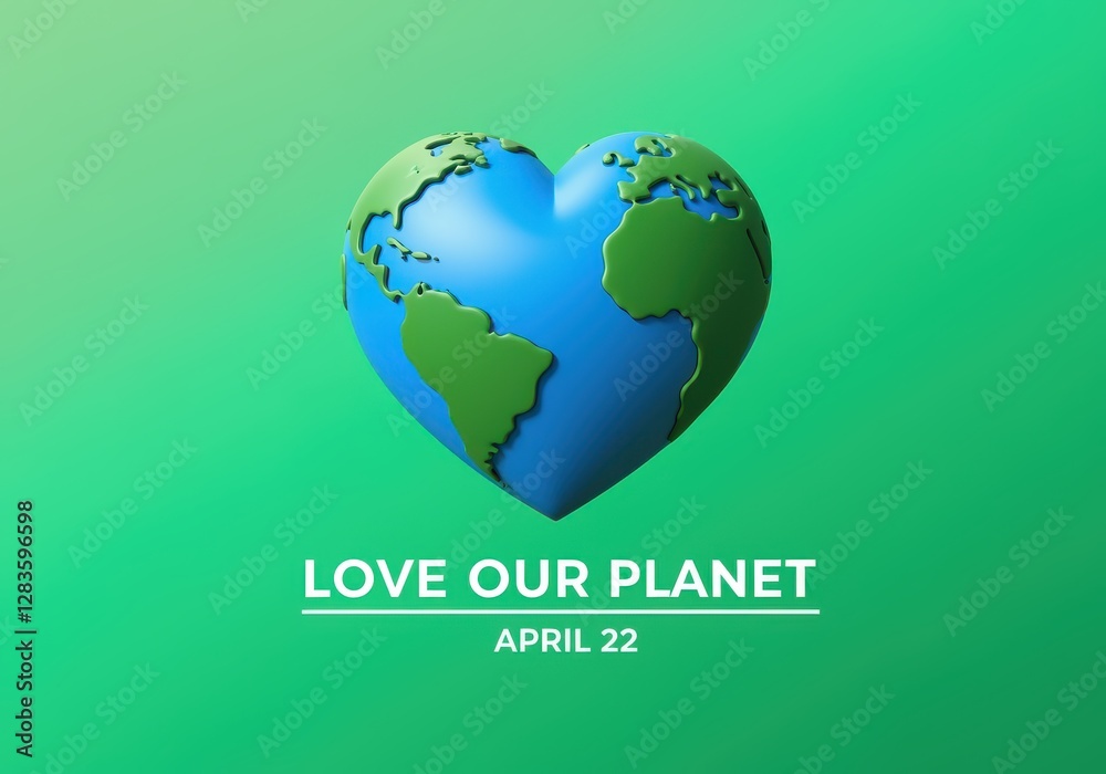 Heart-Shaped Earth with 'Love Our Planet' Text on Green Gradient Background for Earth Day Heart-Shaped Earth with 'Love Our Planet' Text on Green Gradient Background for Earth Day