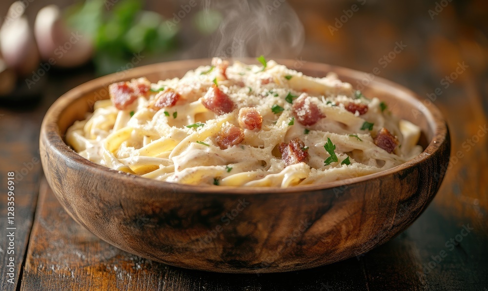 Creamy pasta carbonara in wooden bowl, rustic table. Food photography for recipe blogs Creamy pasta carbonara in wooden bowl, rustic table. Food photography for recipe blogs