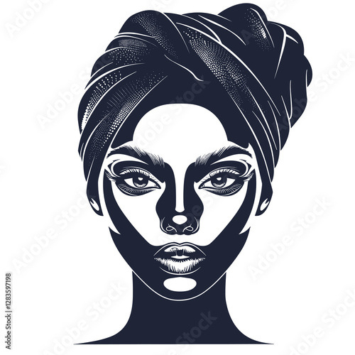 Beautiful woman with turban on head. Vector Illustration.