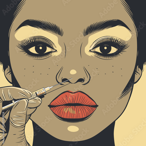 Beautiful African American woman getting botox injection. Vector illustration.
