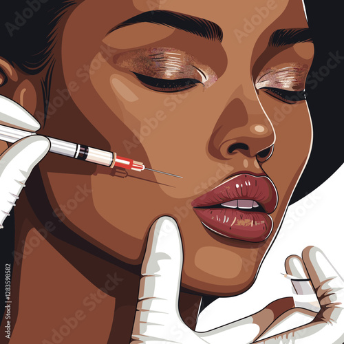 Beautiful African American woman getting botox injection. Vector illustration.
