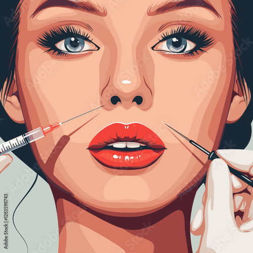 Beautiful young woman having botox injection in her lips. Vector illustration.