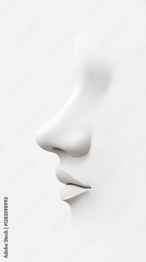 White plaster face, partially emerging from a white background, showing nose, mouth and chin breathing, with a concept of rhinoplasty, cosmetology, beauty and smelling White plaster face, partially emerging from a white background, showing nose, mouth and chin breathing, with a concept of rhinoplasty, cosmetology, beauty and smelling