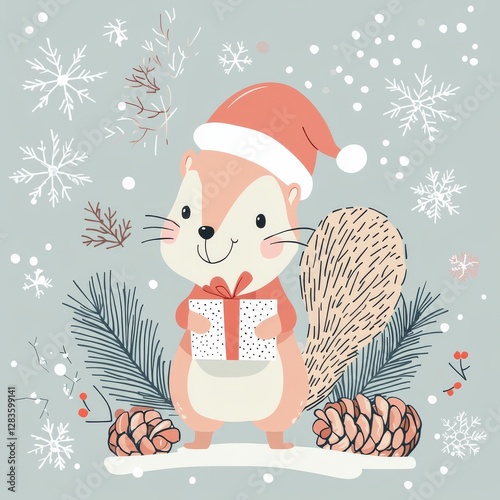 Festive Squirrel Gift: A cheerful illustration depicts a festive squirrel, adorned in a Santa hat, holding a wrapped present amidst a snowy winter scene with intricate details.