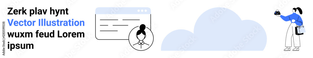 Cloud symbol above a profile card in a browser interface. Woman holding coffee cup nearby. Ideal for user management, team profiles, cloud solutions, remote work, social networking, app design, flat Cloud symbol above a profile card in a browser interface. Woman holding coffee cup nearby. Ideal for user management, team profiles, cloud solutions, remote work, social networking, app design, flat