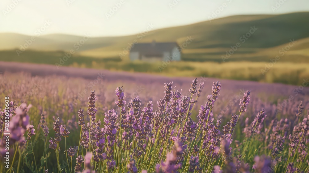 Obraz premium Lush Lavender Field with Rolling Hills and Distant House under Soft Sunlight