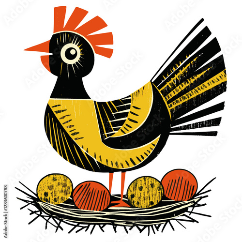 Linocut hen on nest illustration bird art vector
