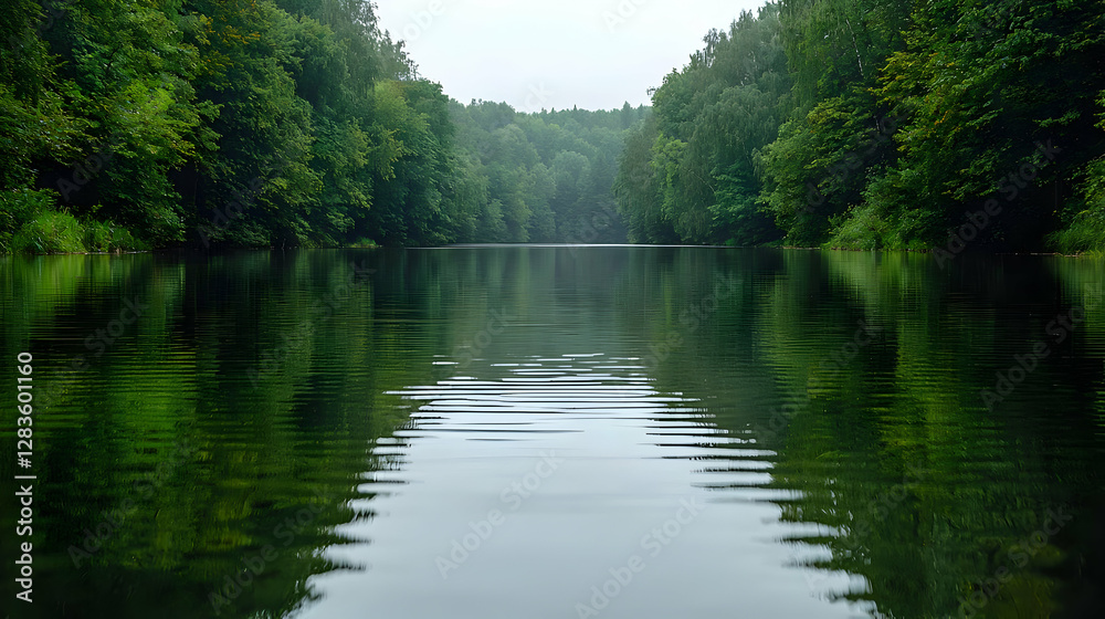 Fototapeta premium Calm river reflecting green forest, tranquil nature scene