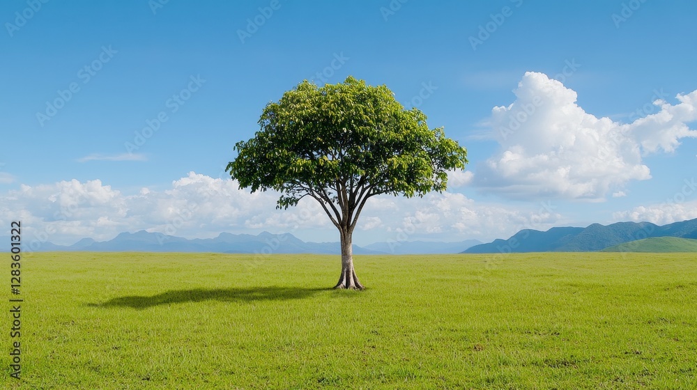 Obraz premium Tree in Green Field under Blue Sky with Distant Mountains