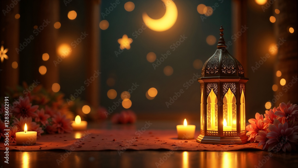 Fototapeta premium Elegant Ramadan Lantern with Glowing Candles and Festive Decor