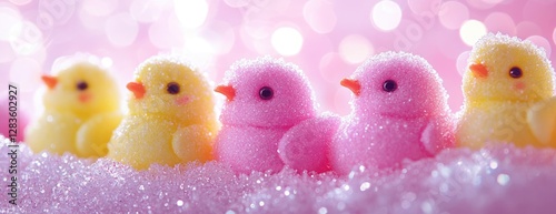 Cute chicks spring pastel background. Easter card photo