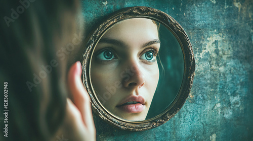 Echoes of the Past: A person looking into an antique mirror, seeing the face of their karmic partner instead of their own reflection.