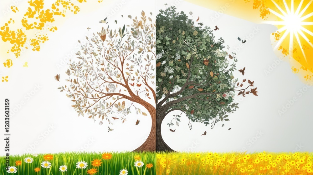 Fototapeta premium a tree with spring and autumn leaves on a white background, as a symbol of the spring and autumn equinox