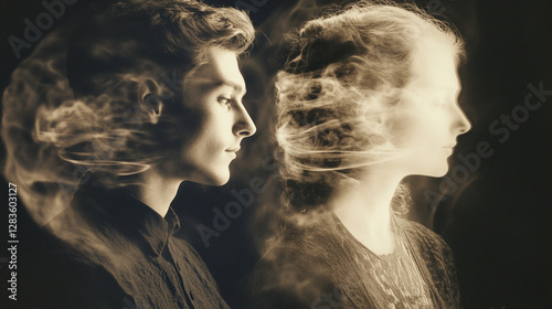 Reincarnationâs Cycle: Two lovers in different lifetimes, shown as overlapping ghostly images from different time periods.