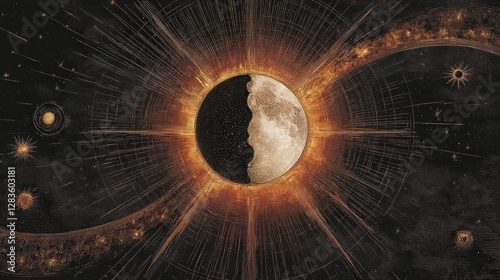 The illustration features a stylized sun and moon at the opposite sides, linked by a radiant equinox line