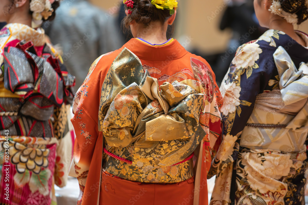 Naklejka premium 成人式で着物を着た女性の後ろ姿