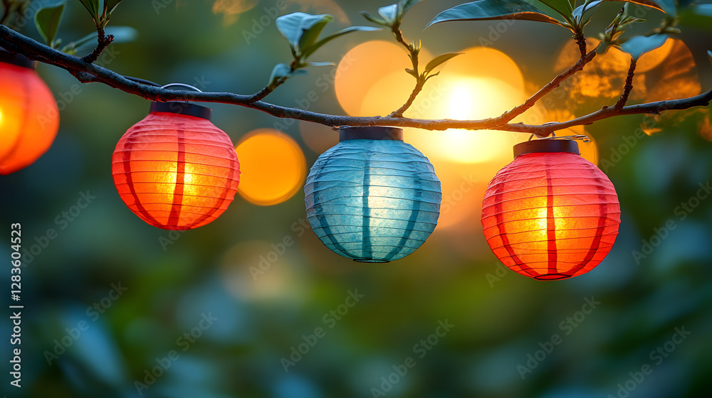 Obraz premium Evening Lanterns: A close-up view of colorful lanterns hanging on a branch, softly illuminating the scene with warm and inviting light, creating a magical ambiance. 