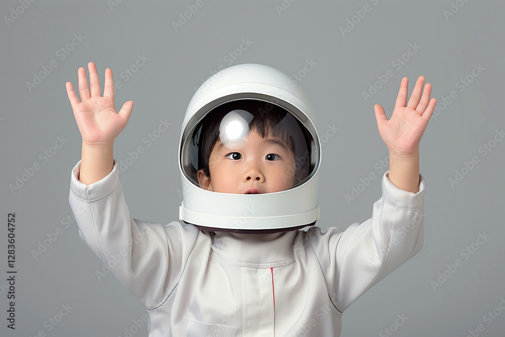 Young boy in astronaut helmet pretending to float in studio setting Young boy in astronaut helmet pretending to float in studio setting