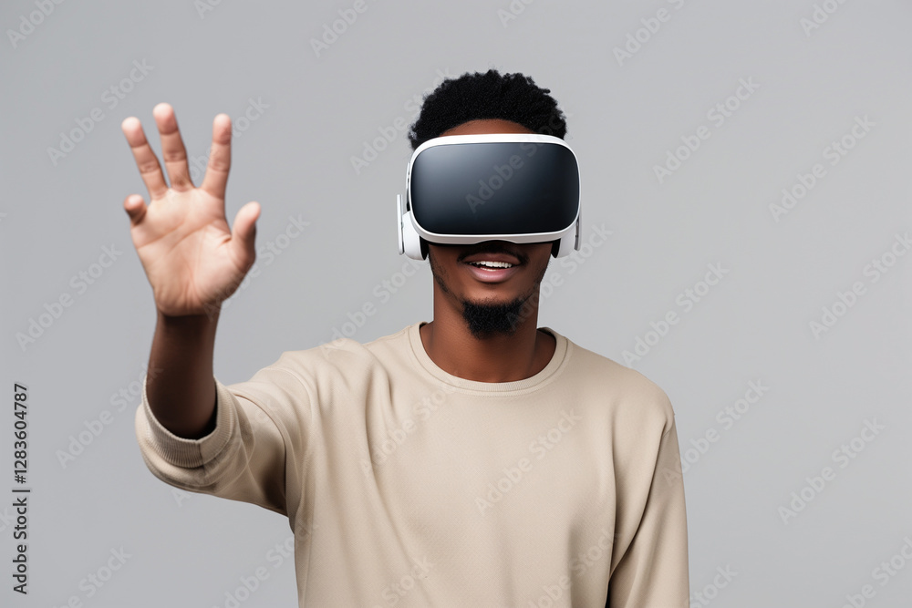 Naklejka premium Man interacts with virtual environment wearing a headset in studio setting