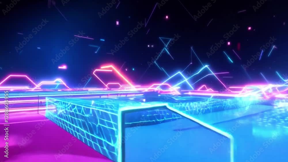A futuristic cityscape with neon lights and abstract shapes