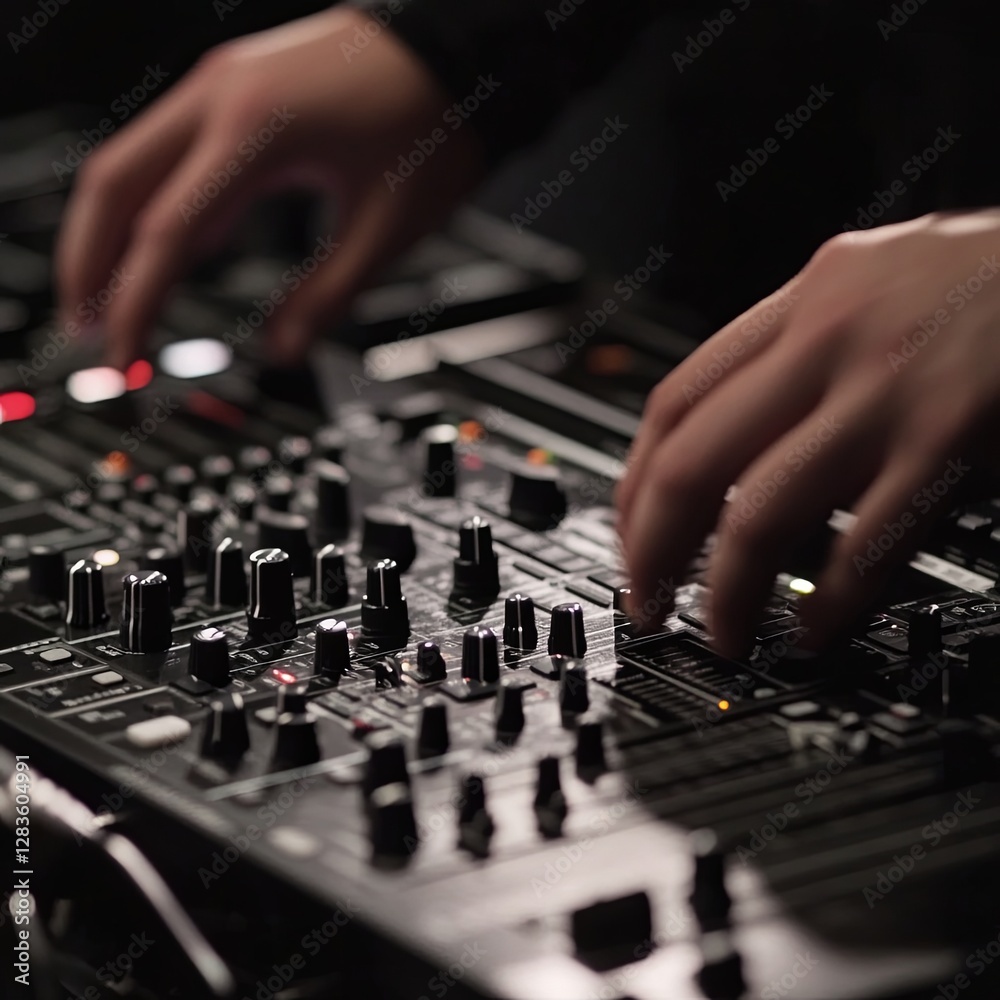 Close up view of a dj's hands playing the mixer while performing Close up view of a dj's hands playing the mixer while performing
