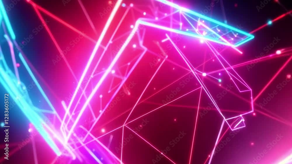a neon-lit abstract design with lines and dots in various colors, including red, blue, and green.